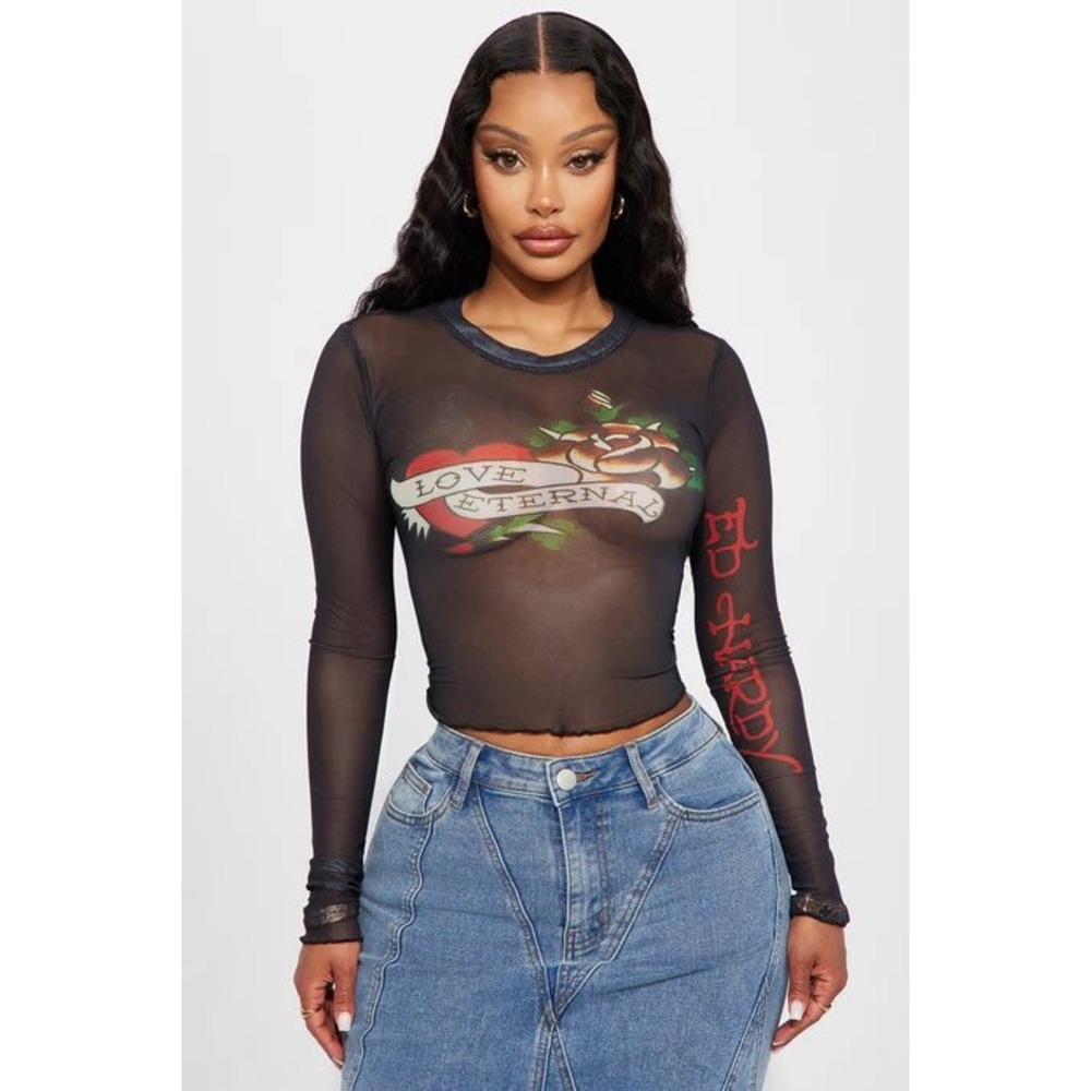 Ed Hardy Mesh Graphic Top Women XL Love Eternal Tattoo Y2K Sheer Edgy Streetwear